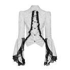 DEVIL FASHION Women's Gothic Jacquard Swallow Tail Flare Sleeve Blouse with Necktie White