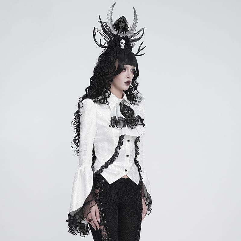 DEVIL FASHION Women's Gothic Jacquard Swallow Tail Flare Sleeve Blouse with Necktie White