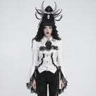 DEVIL FASHION Women's Gothic Jacquard Swallow Tail Flare Sleeve Blouse with Necktie White