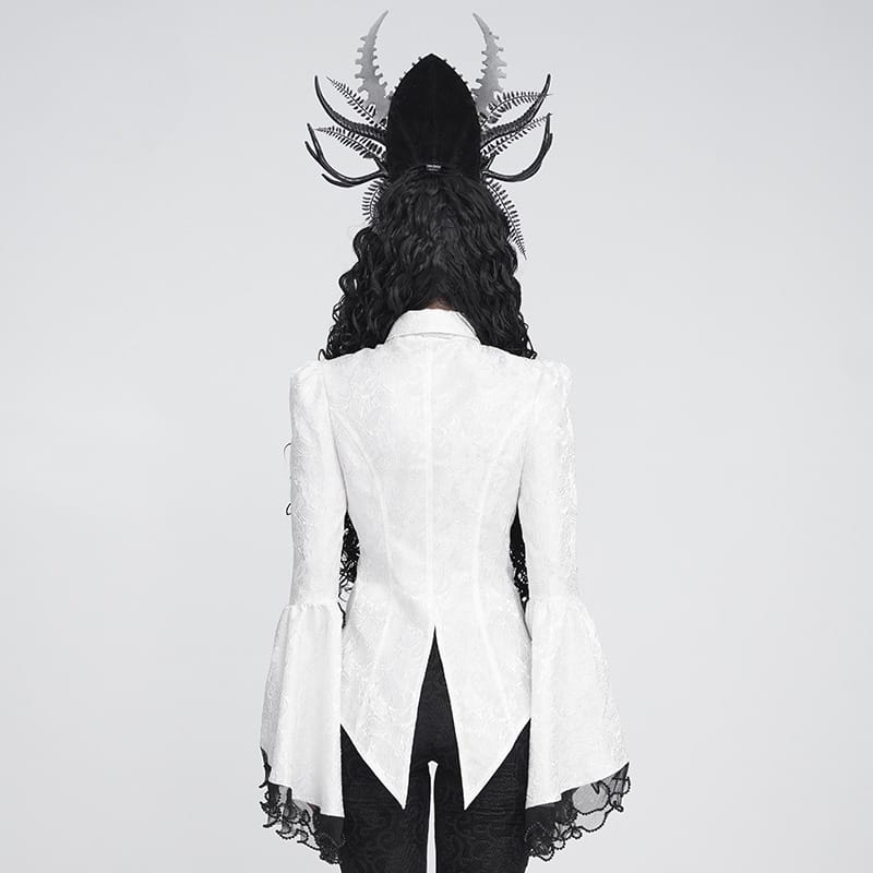 DEVIL FASHION Women's Gothic Jacquard Swallow Tail Flare Sleeve Blouse with Necktie White