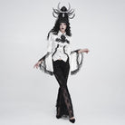 DEVIL FASHION Women's Gothic Jacquard Swallow Tail Flare Sleeve Blouse with Necktie White
