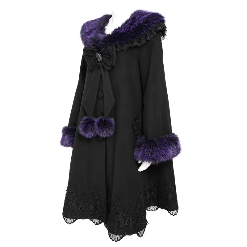 DEVIL FASHION Women's Gothic Lace Embroidery Trim Faux Fur Collar Long Coat with Detachable Bowknot