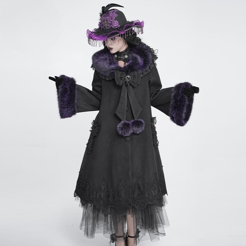 DEVIL FASHION Women's Gothic Lace Embroidery Trim Faux Fur Collar Long Coat with Detachable Bowknot
