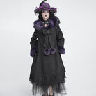 DEVIL FASHION Women's Gothic Lace Embroidery Trim Faux Fur Collar Long Coat with Detachable Bowknot