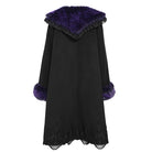 DEVIL FASHION Women's Gothic Lace Embroidery Trim Faux Fur Collar Long Coat with Detachable Bowknot