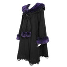 DEVIL FASHION Women's Gothic Lace Embroidery Trim Faux Fur Collar Long Coat with Detachable Bowknot