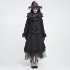 DEVIL FASHION Women's Gothic Lace Embroidery Trim Faux Fur Collar Long Coat with Detachable Bowknot