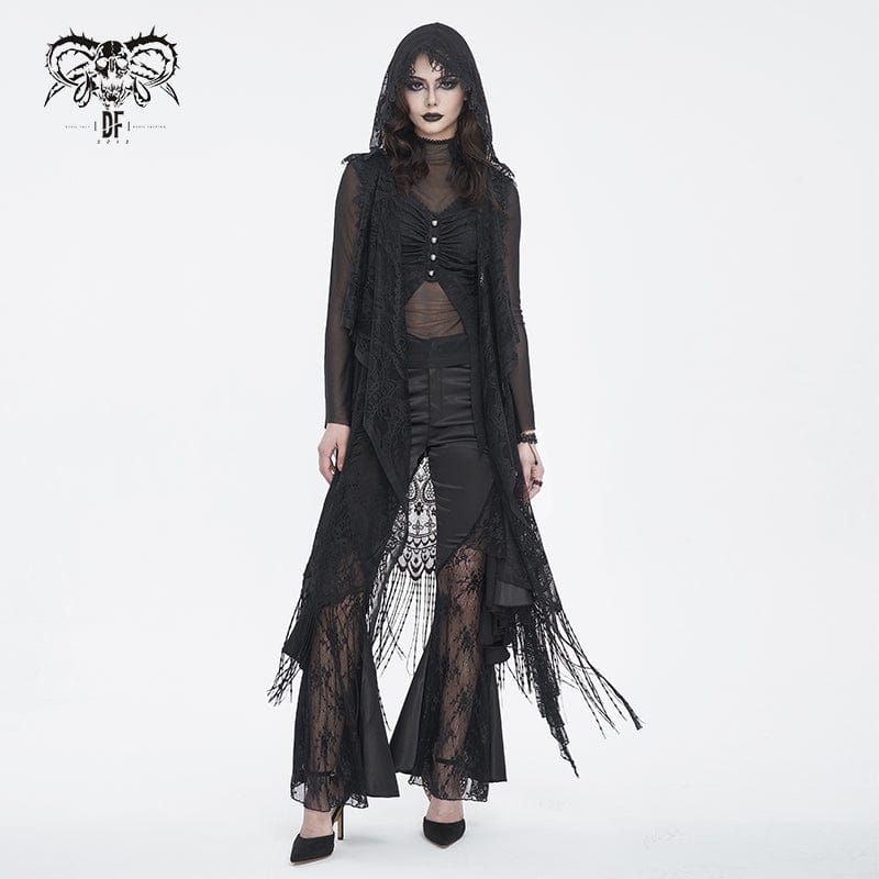 DEVIL FASHION Women's Gothic Lace Mesh Back Floral Crocheted Cape with Hood