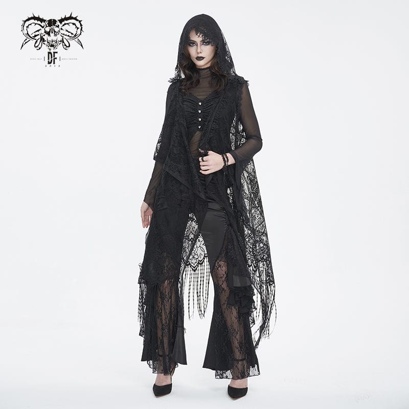 DEVIL FASHION Women's Gothic Lace Mesh Back Floral Crocheted Cape with Hood