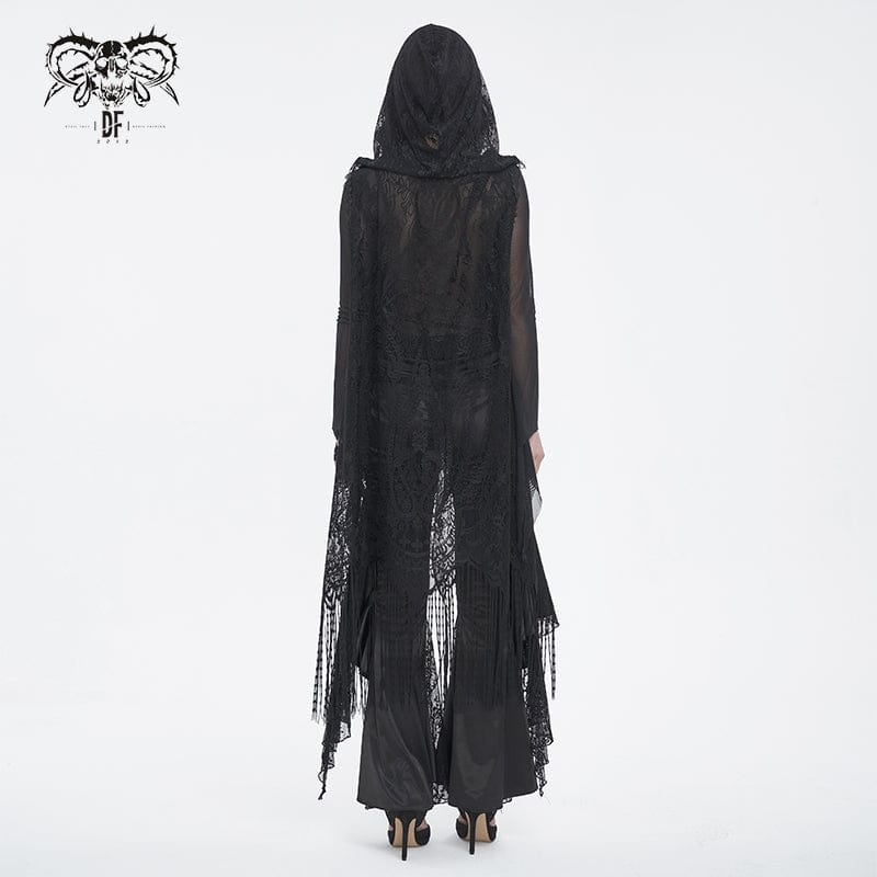 DEVIL FASHION Women's Gothic Lace Mesh Back Floral Crocheted Cape with Hood