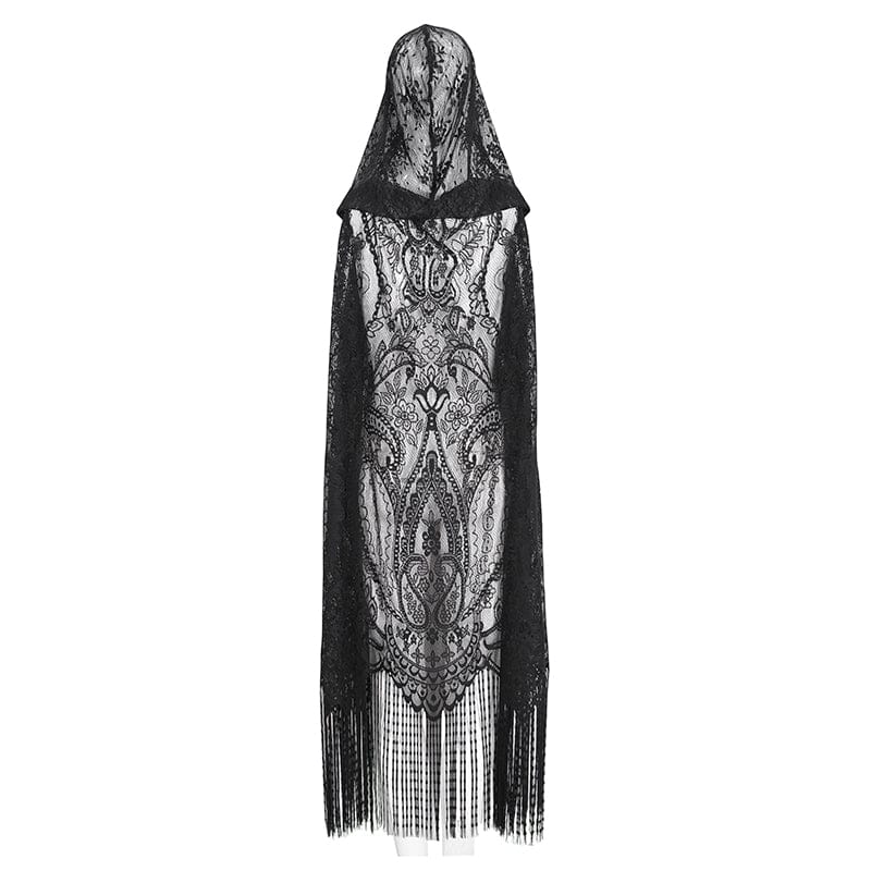 DEVIL FASHION Women's Gothic Lace Mesh Back Floral Crocheted Cape with Hood