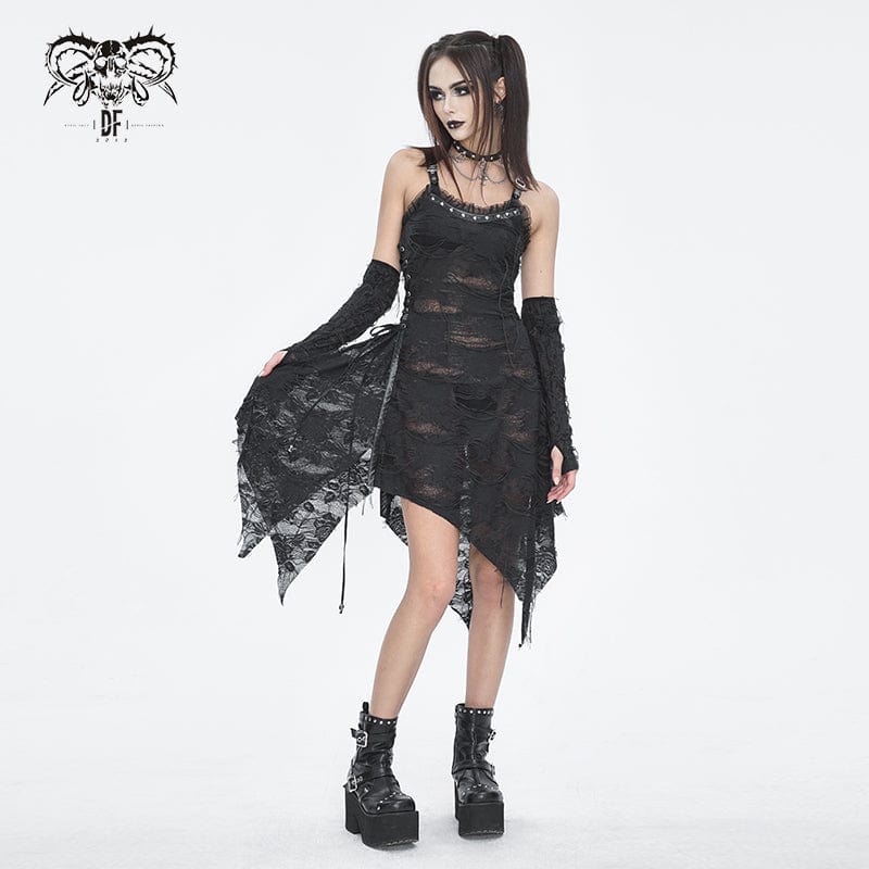 DEVIL FASHION Women's Gothic Lace Ripped Hem Dress with Arm Sleeves