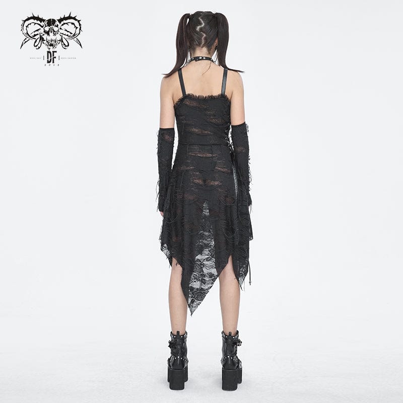 DEVIL FASHION Women's Gothic Lace Ripped Hem Dress with Arm Sleeves