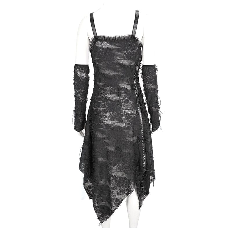 DEVIL FASHION Women's Gothic Lace Ripped Hem Dress with Arm Sleeves