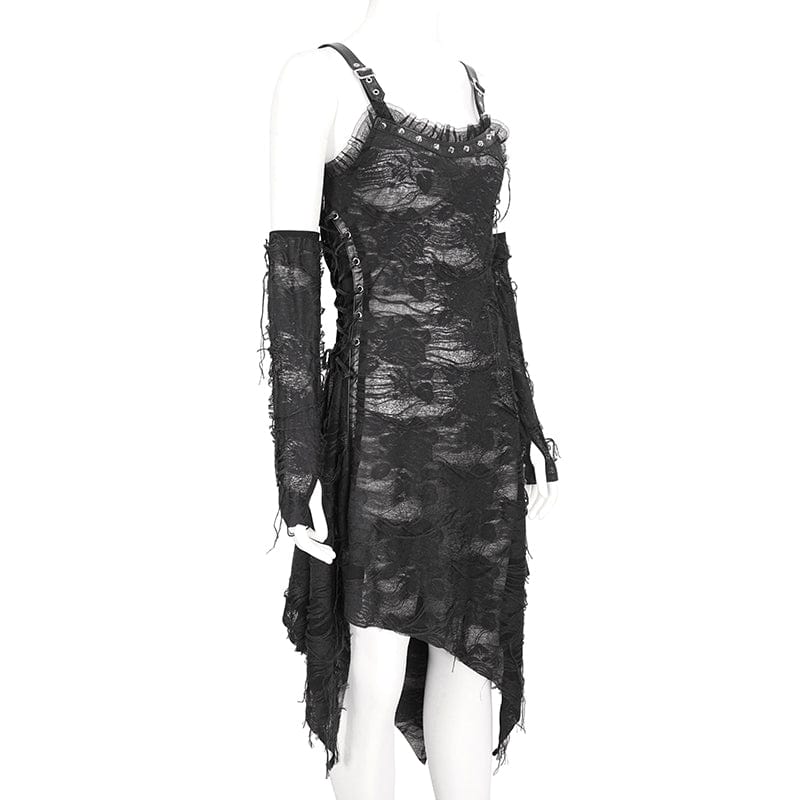 DEVIL FASHION Women's Gothic Lace Ripped Hem Dress with Arm Sleeves