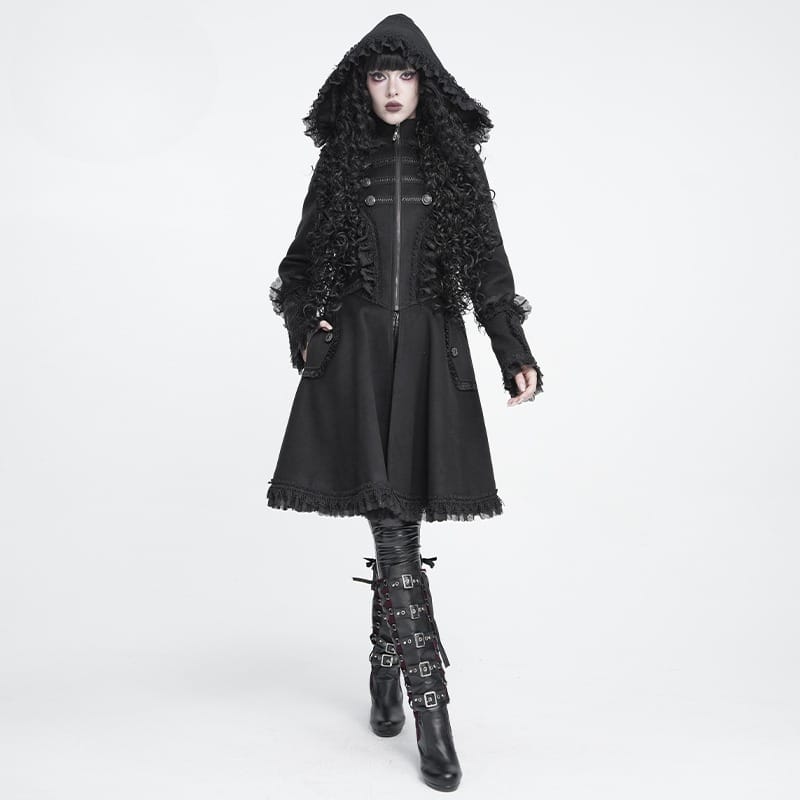 DEVIL FASHION Women's Gothic Lace Ruffle Trim Flared Hem Hooded Coat