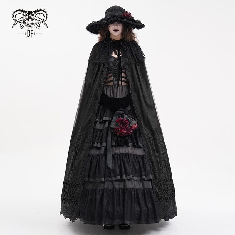 DEVIL FASHION Women's Gothic Lace Tassels Mesh Cloak with Hood