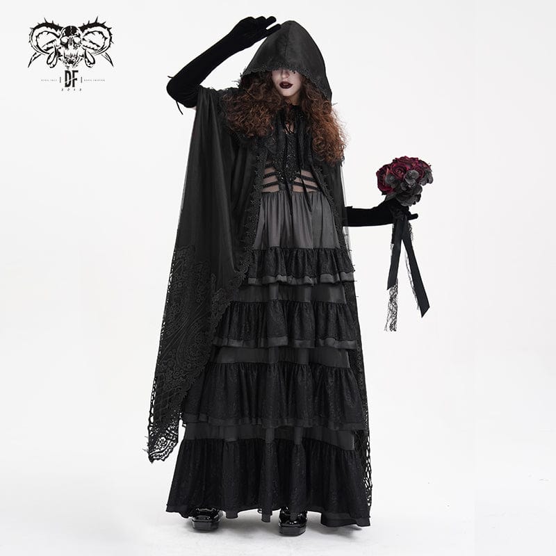 DEVIL FASHION Women's Gothic Lace Tassels Mesh Cloak with Hood