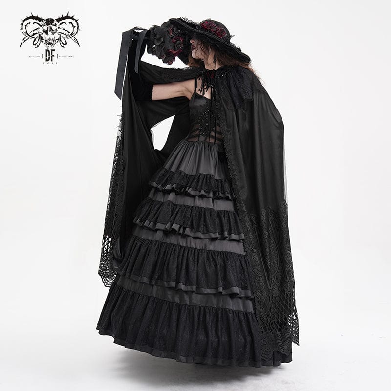 DEVIL FASHION Women's Gothic Lace Tassels Mesh Cloak with Hood