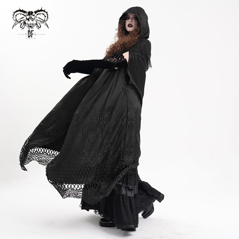 DEVIL FASHION Women's Gothic Lace Tassels Mesh Cloak with Hood