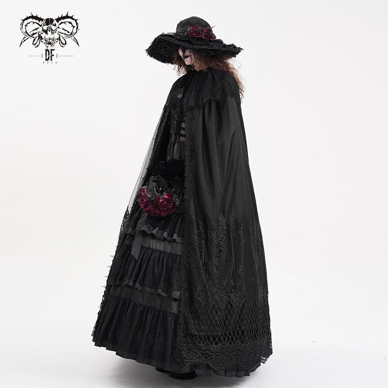 DEVIL FASHION Women's Gothic Lace Tassels Mesh Cloak with Hood