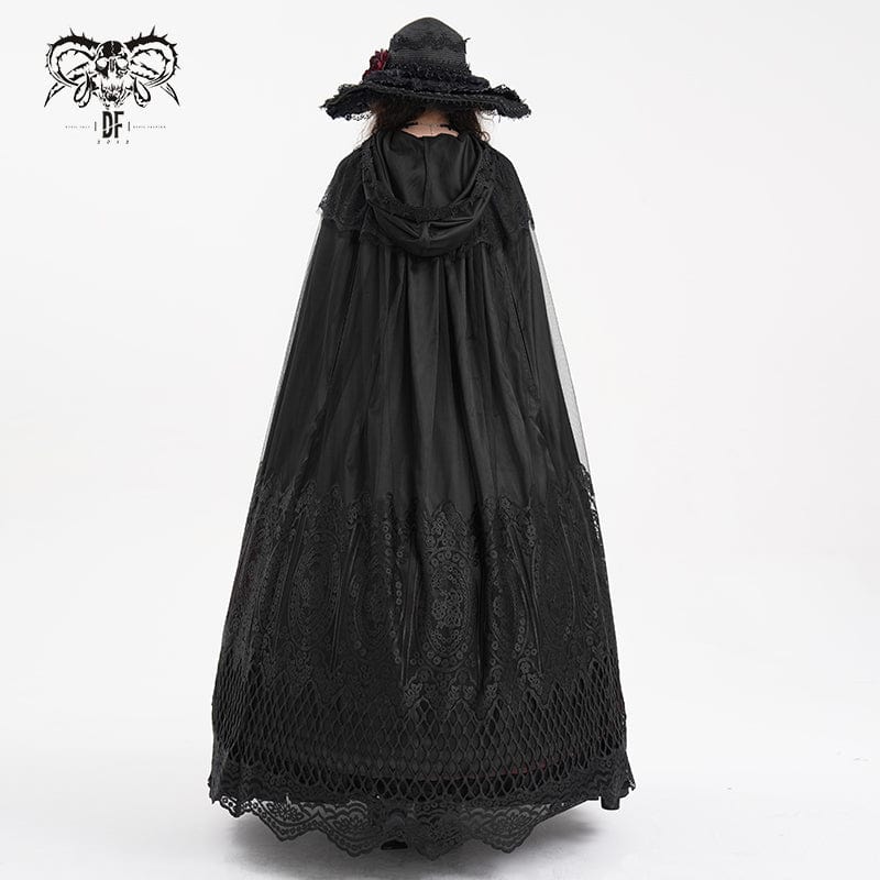 DEVIL FASHION Women's Gothic Lace Tassels Mesh Cloak with Hood