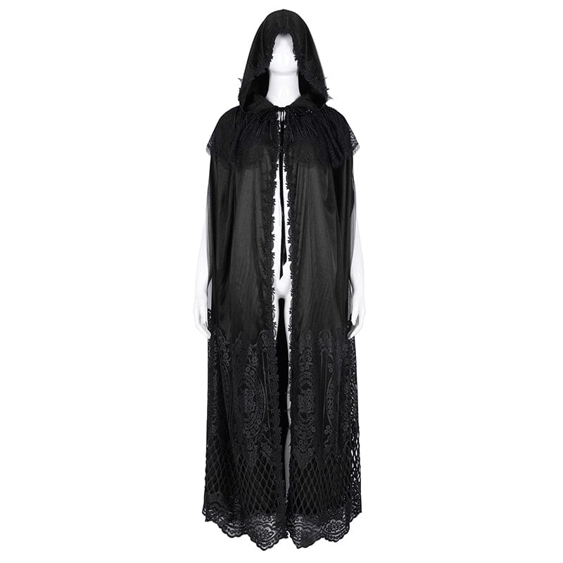 DEVIL FASHION Women's Gothic Lace Tassels Mesh Cloak with Hood