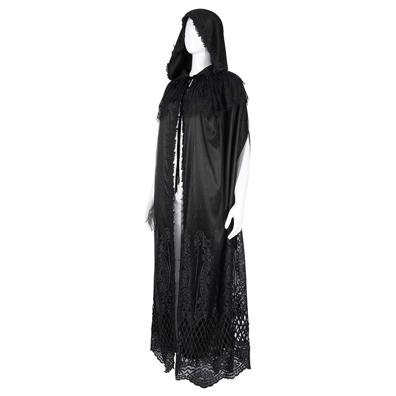 DEVIL FASHION Women's Gothic Lace Tassels Mesh Cloak with Hood