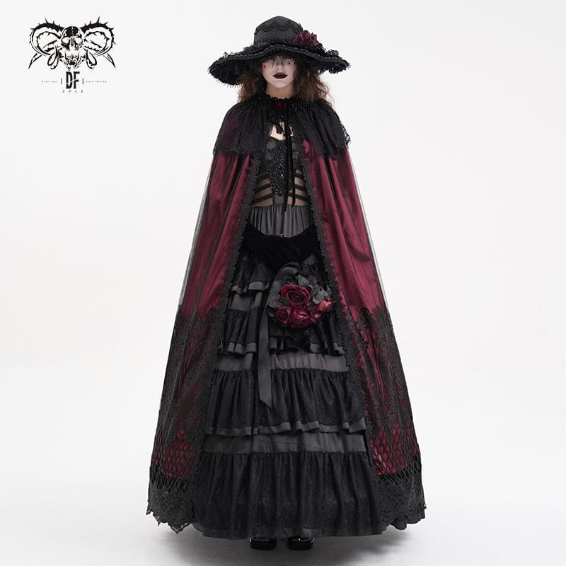 DEVIL FASHION Women's Gothic Lace Tassels Mesh Cloak with Hood Red