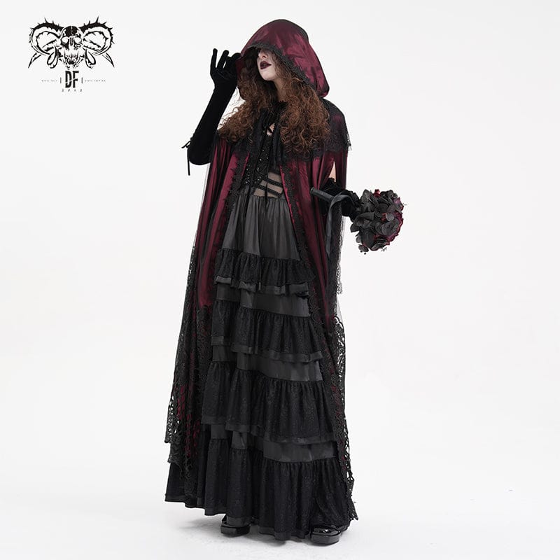 DEVIL FASHION Women's Gothic Lace Tassels Mesh Cloak with Hood Red