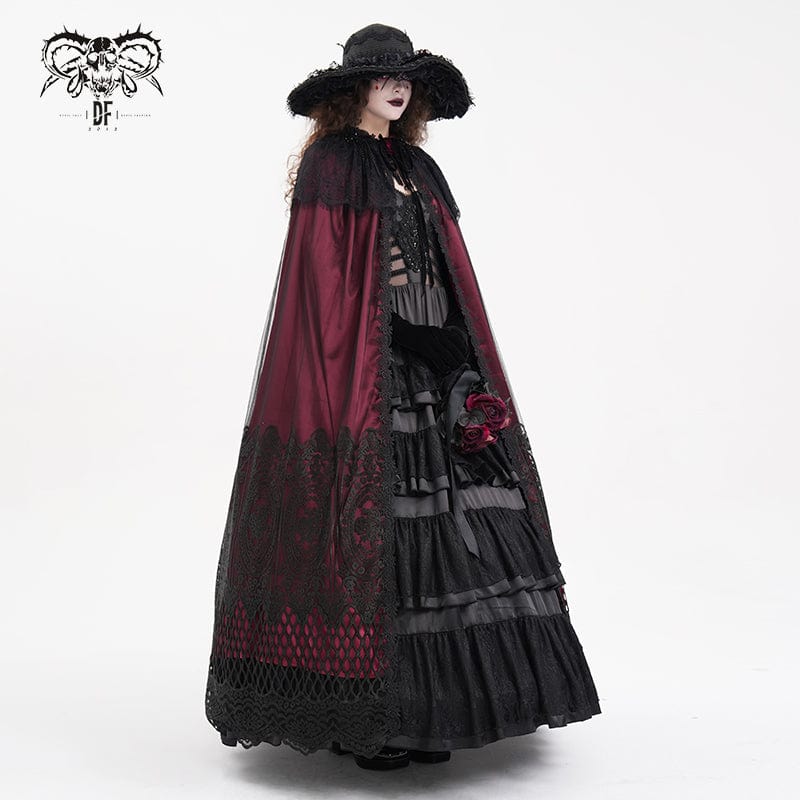 DEVIL FASHION Women's Gothic Lace Tassels Mesh Cloak with Hood Red