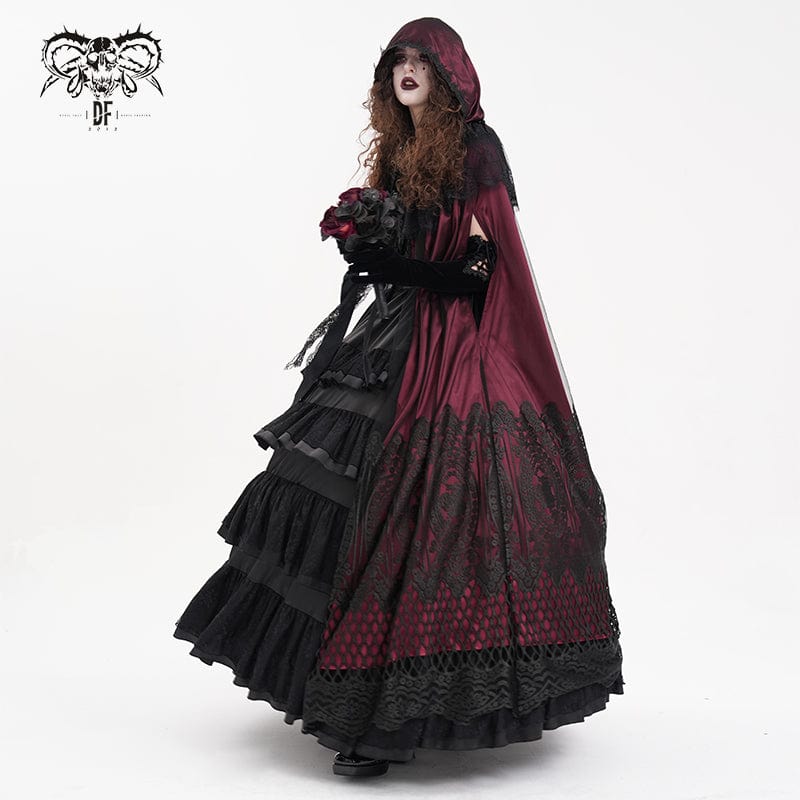 DEVIL FASHION Women's Gothic Lace Tassels Mesh Cloak with Hood Red