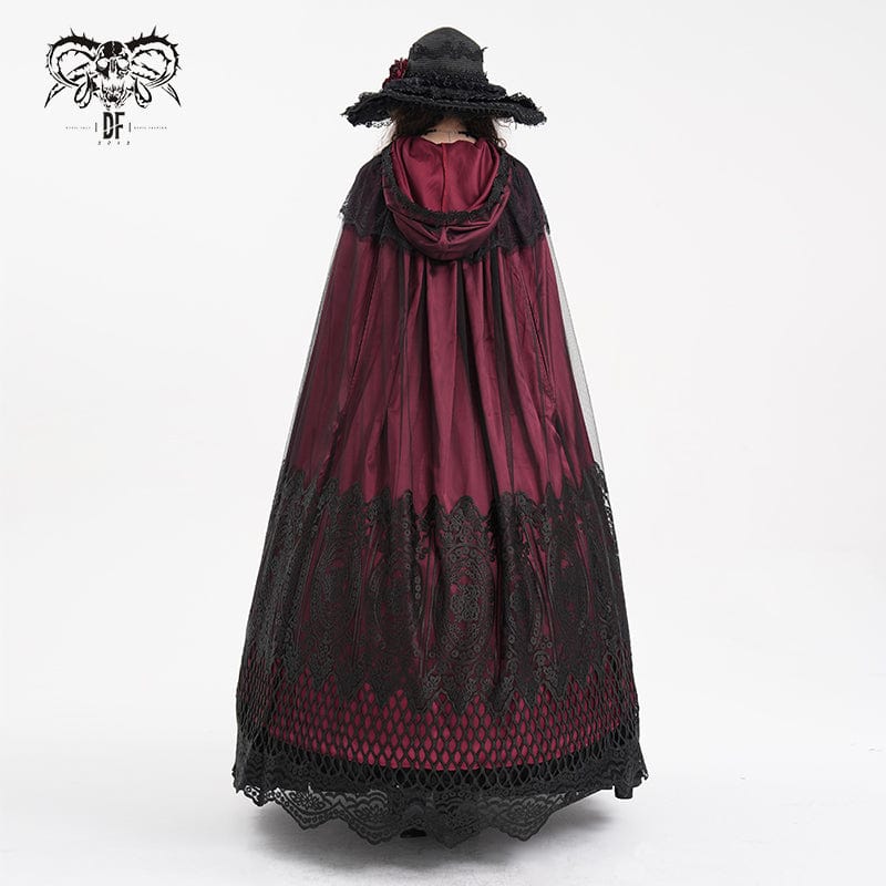 DEVIL FASHION Women's Gothic Lace Tassels Mesh Cloak with Hood Red