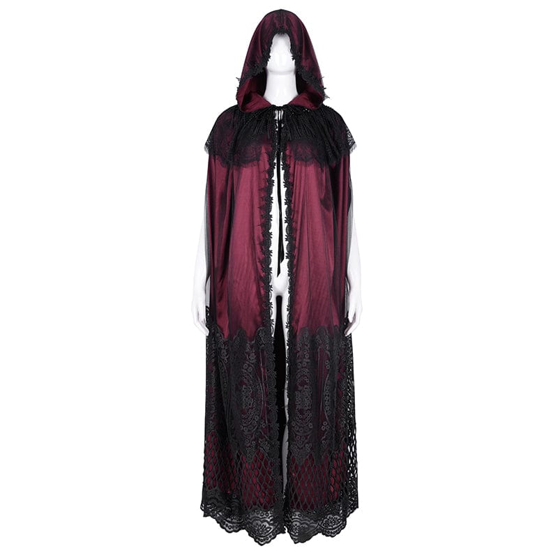 DEVIL FASHION Women's Gothic Lace Tassels Mesh Cloak with Hood Red