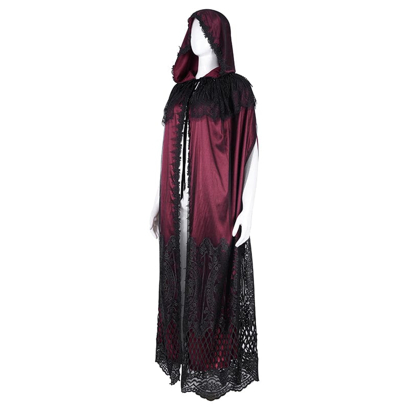 DEVIL FASHION Women's Gothic Lace Tassels Mesh Cloak with Hood Red