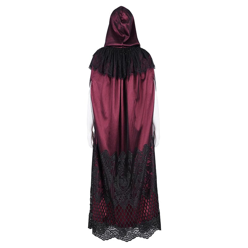 DEVIL FASHION Women's Gothic Lace Tassels Mesh Cloak with Hood Red