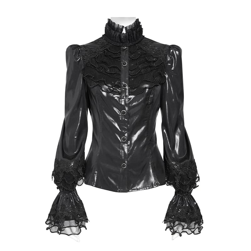 DEVIL FASHION Women's Gothic Lace Trim Lace-up Puff Shoulder Flare Sleeve Shirt