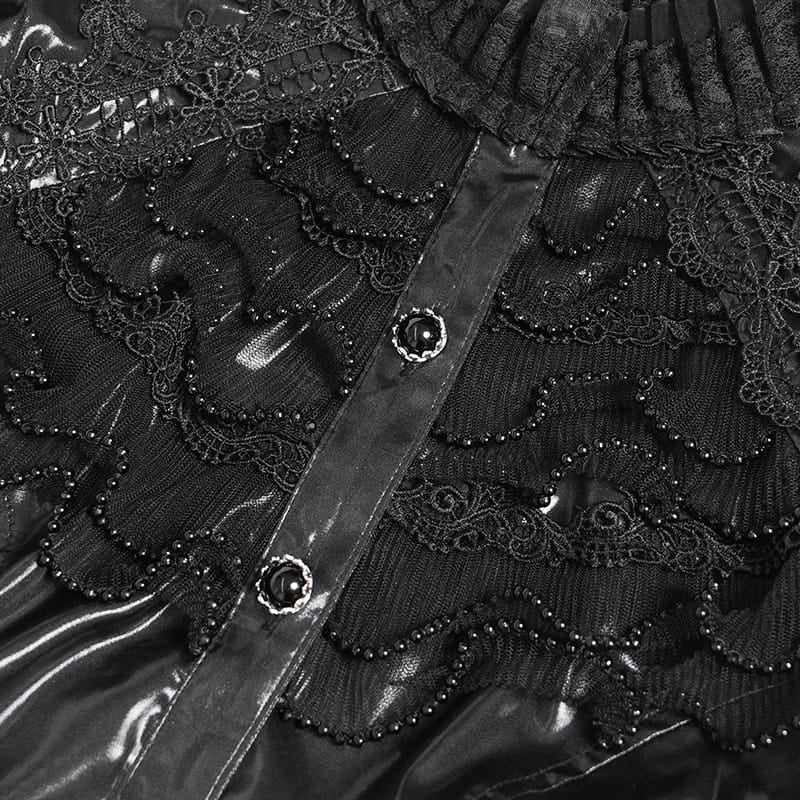 DEVIL FASHION Women's Gothic Lace Trim Lace-up Puff Shoulder Flare Sleeve Shirt