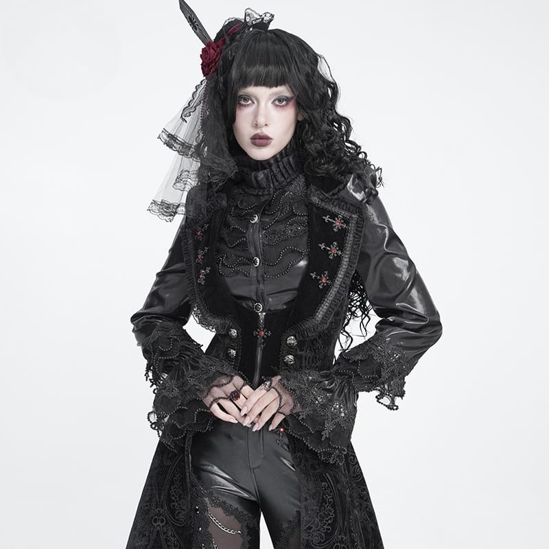 DEVIL FASHION Women's Gothic Lace Trim Lace-up Puff Shoulder Flare Sleeve Shirt