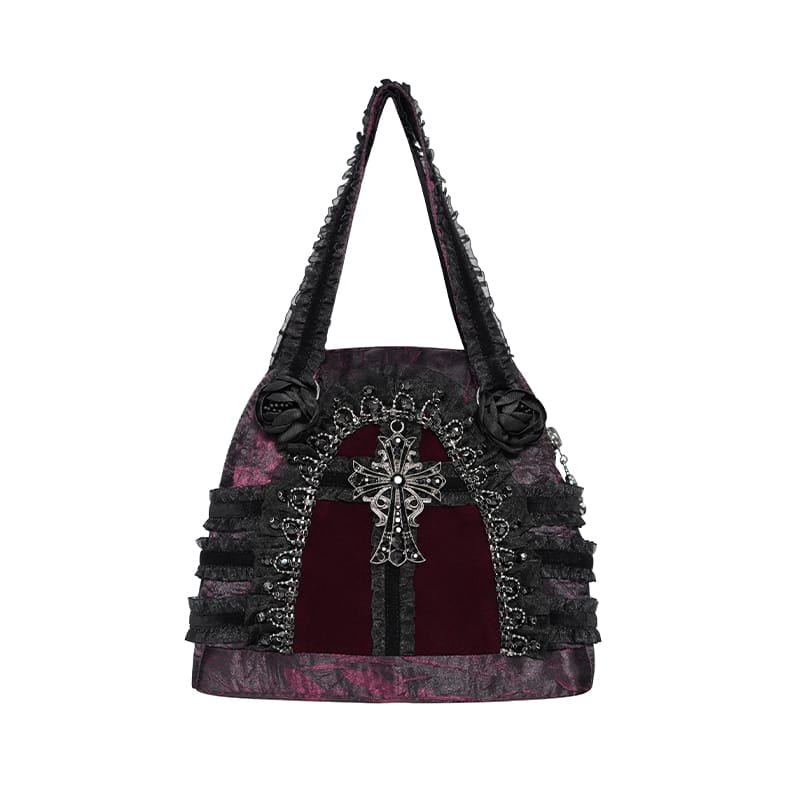 DEVIL FASHION Women's Gothic Lace-Trimmed Rose Cross Bag Black-Red
