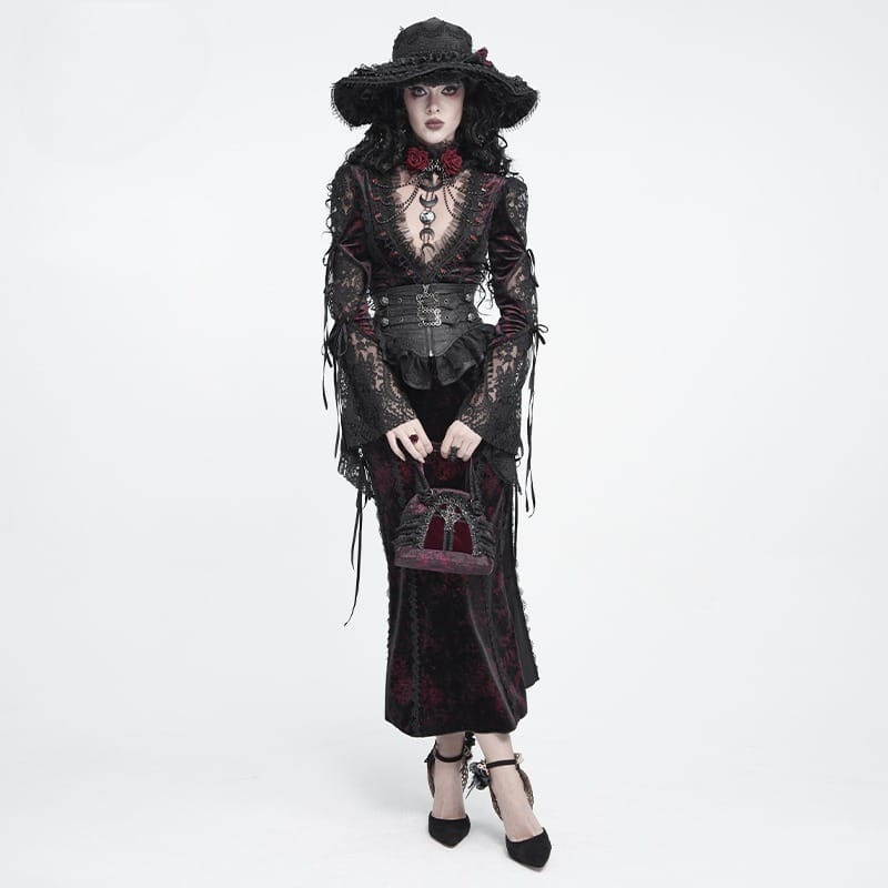 DEVIL FASHION Women's Gothic Lace-Trimmed Rose Cross Bag Black-Red