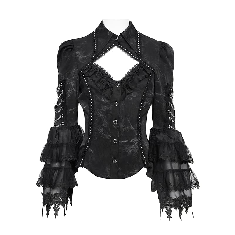 DEVIL FASHION Women's Gothic Lace-up Chained Cutout Flare Sleeve Shirt
