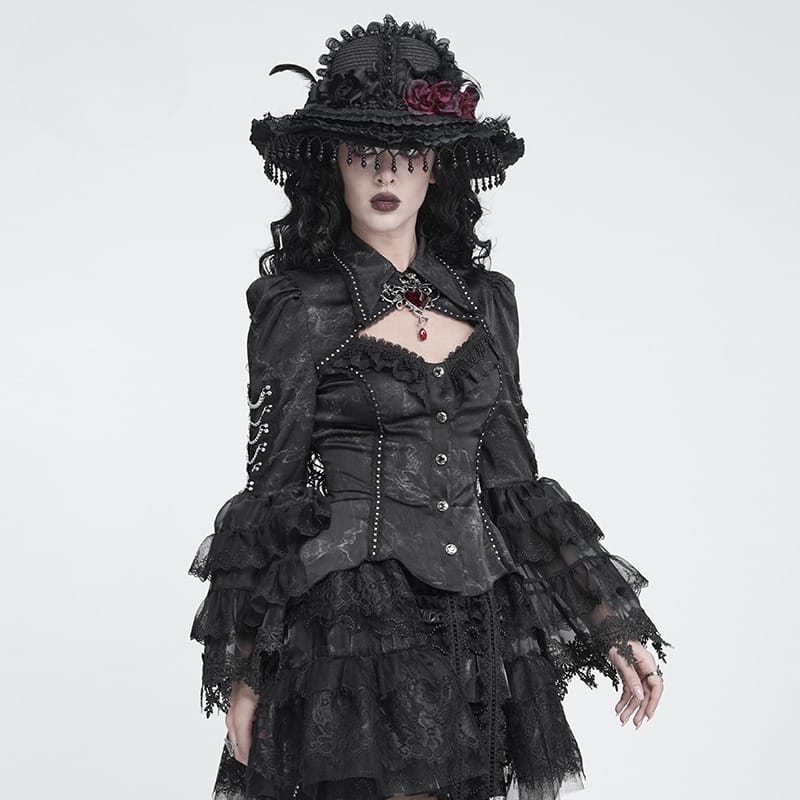 DEVIL FASHION Women's Gothic Lace-up Chained Cutout Flare Sleeve Shirt