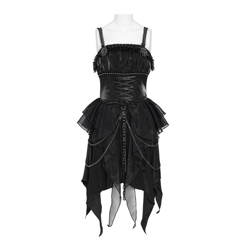 DEVIL FASHION Women's Gothic Lace-up Chained Ruched Irregular Hem Slip Dress Black