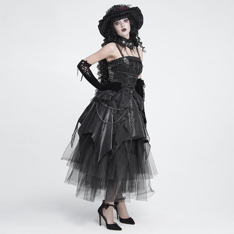 DEVIL FASHION Women's Gothic Lace-up Chained Ruched Irregular Hem Slip Dress Black