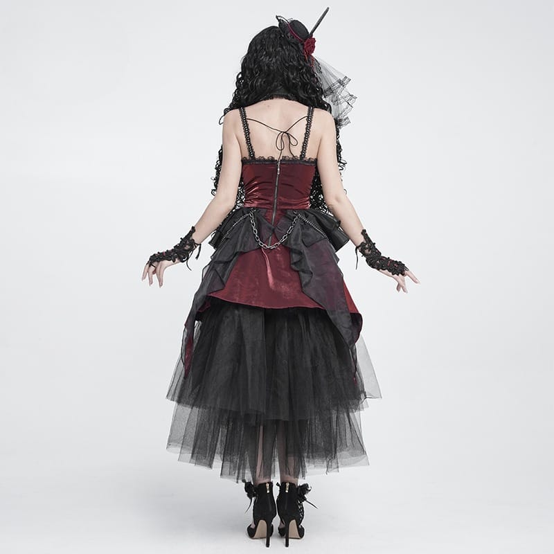 DEVIL FASHION Women's Gothic Lace-up Chained Ruched Irregular Hem Slip Dress Black-Red