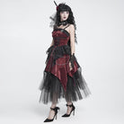DEVIL FASHION Women's Gothic Lace-up Chained Ruched Irregular Hem Slip Dress Black-Red