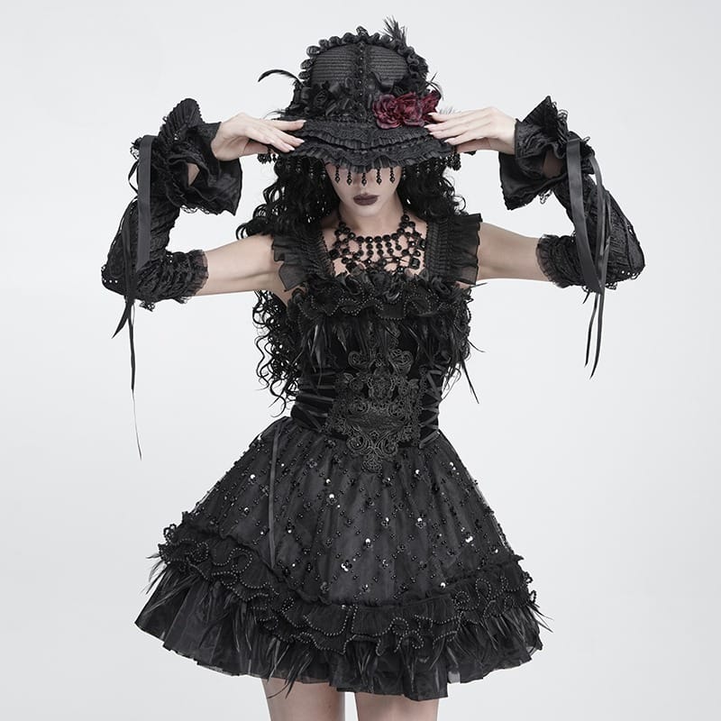 DEVIL FASHION Women's Gothic Lace-up Embroidered Feather Trim Slip Dress Black