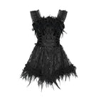 DEVIL FASHION Women's Gothic Lace-up Embroidered Feather Trim Slip Dress Black
