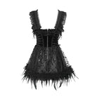 DEVIL FASHION Women's Gothic Lace-up Embroidered Feather Trim Slip Dress Black